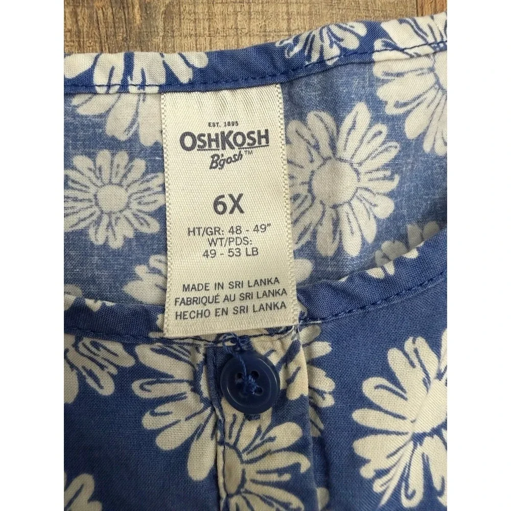 OshKosh B'gosh‎ Girls Blue Daisy Floral Dress Cotton Smocked Waist Size 6X